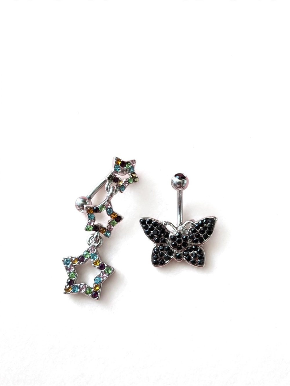Multi-Color Star Dangle & Black Butterfly Belly Ring Set